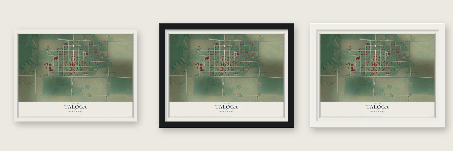 Taloga, Oklahoma map unframed, in a black wood frame and in a white wood frame
