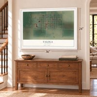 Taloga, Oklahoma map, 24 x 36 inch print in a white frame above a dresser by a staircase