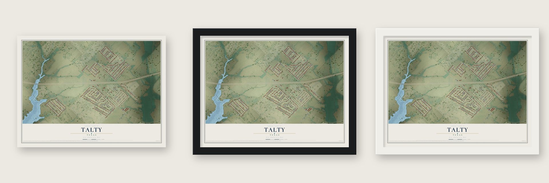 Talty, Texas map unframed, in a black wood frame and in a white wood frame