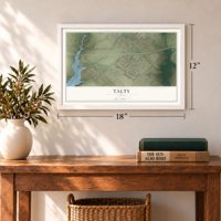 Talty, Texas map, 12 x 18 inch print in a white frame in an entryway