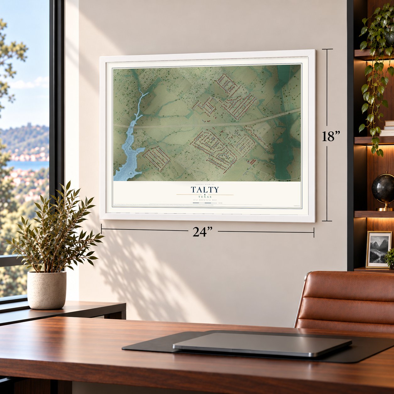 Talty, Texas map, 18 x 24 inch print in a white frame in a home office