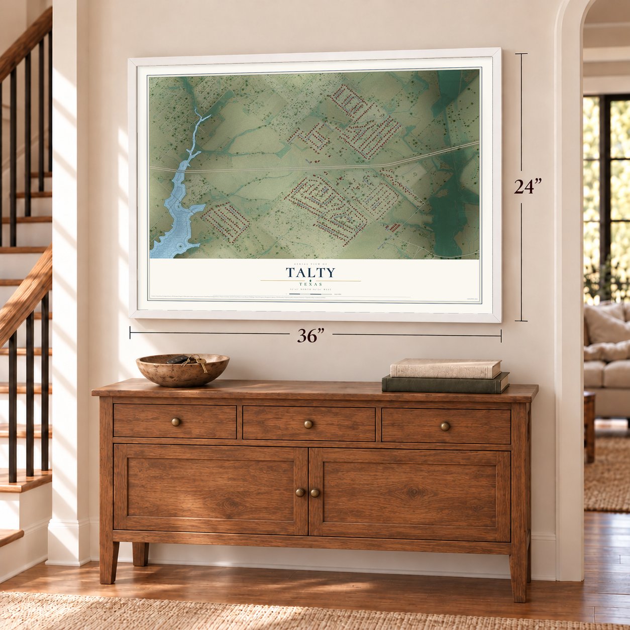 Talty, Texas map, 24 x 36 inch print in a white frame above a dresser by a staircase