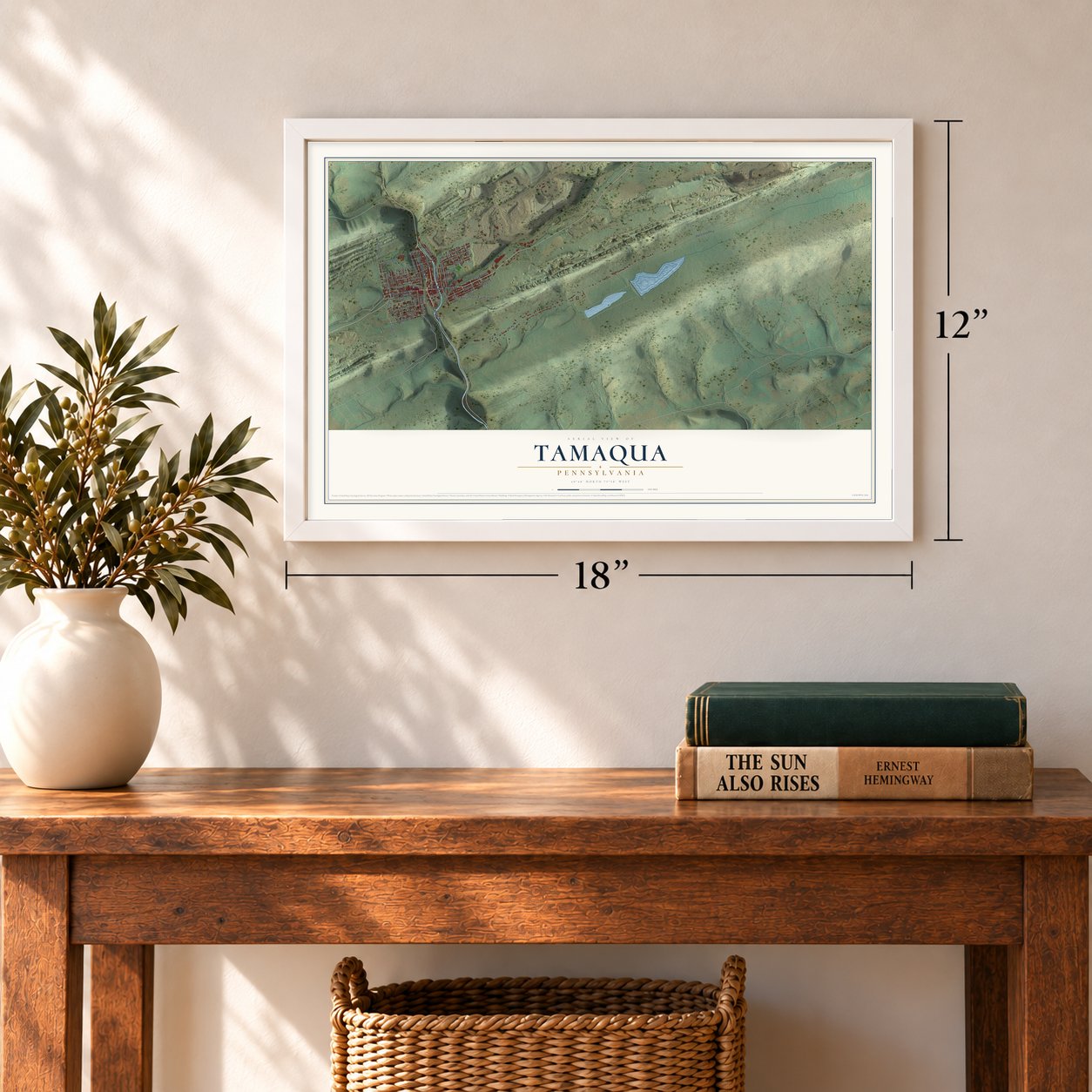 Tamaqua, Pennsylvania map, 12 x 18 inch print in a white frame in an entryway