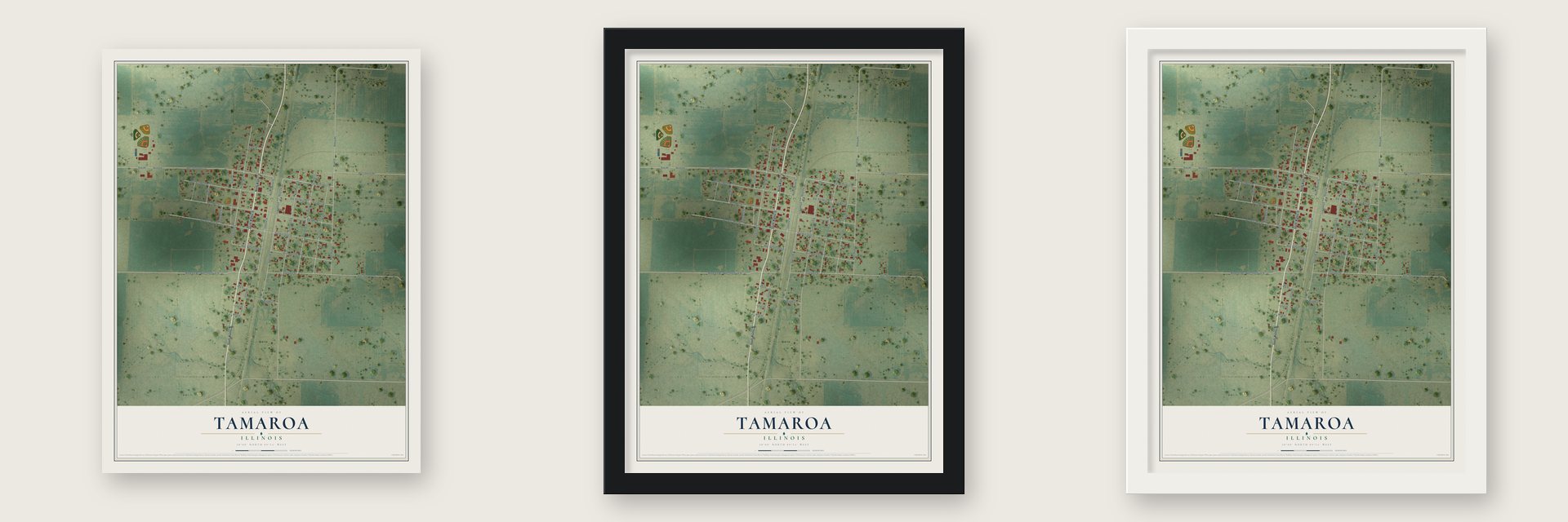 Tamaroa, Illinois map unframed, in a black wood frame and in a white wood frame