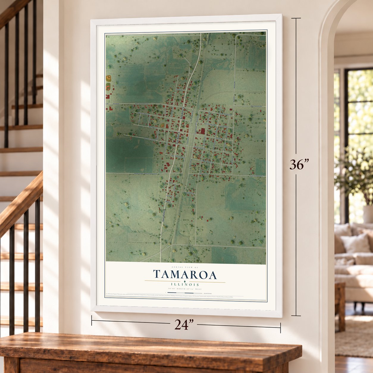 Tamaroa, Illinois map, 24 x 36 inch print in a white frame by a staircase
