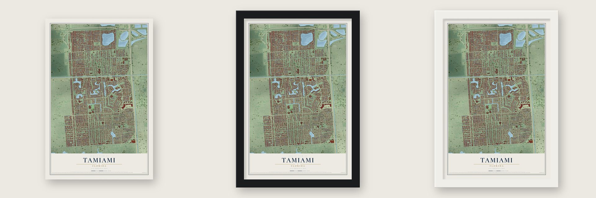 Tamiami, Florida map unframed, in a black wood frame and in a white wood frame