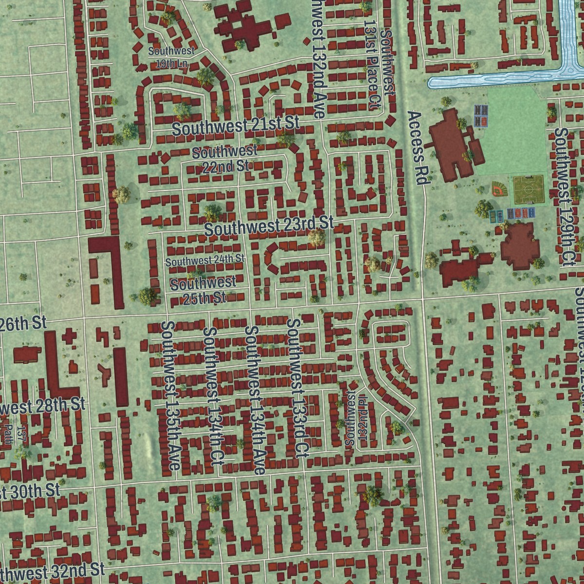Second close-up of the map of Tamiami, Florida print showing more streets and buildings