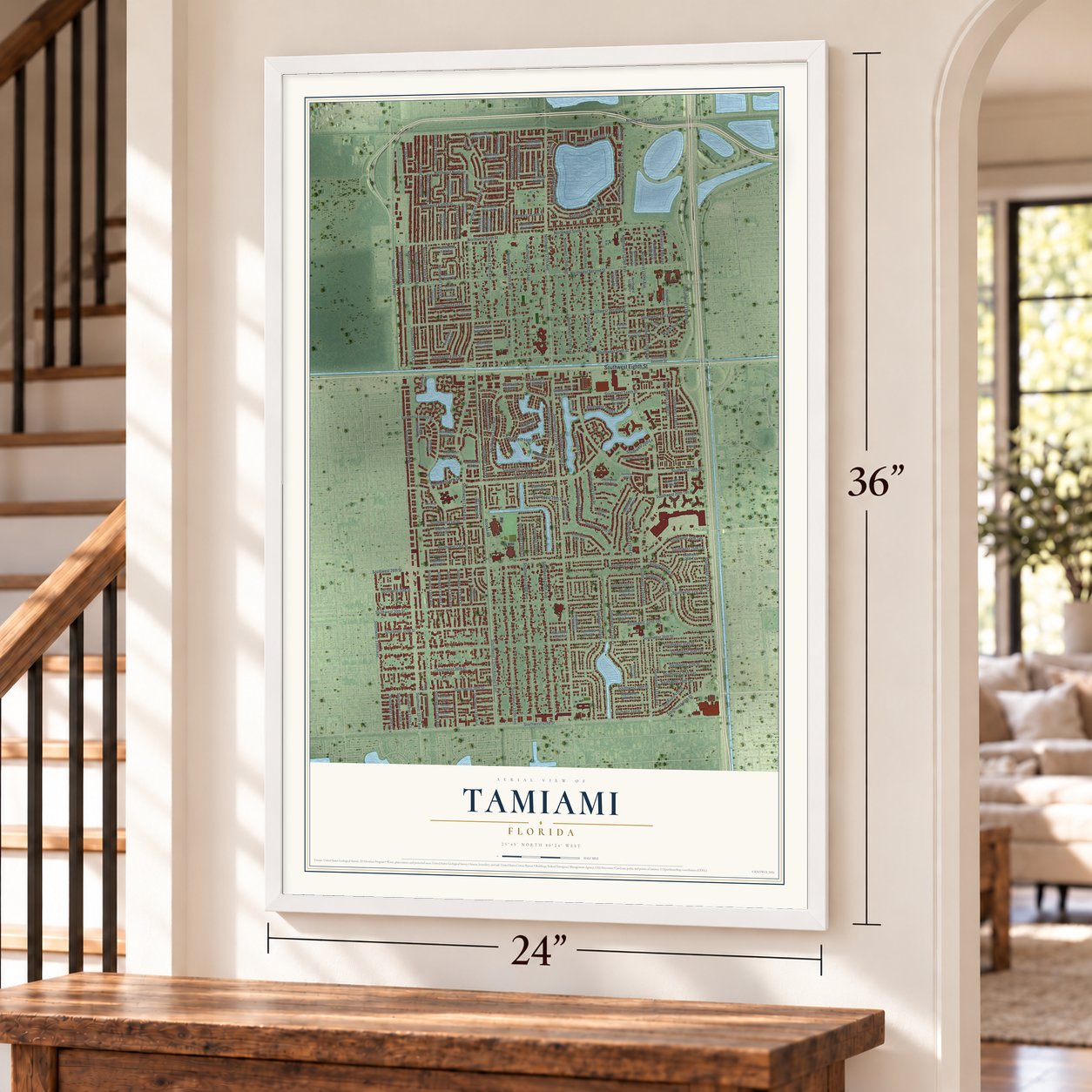 Tamiami, Florida map, 24 x 36 inch print in a white frame by a staircase