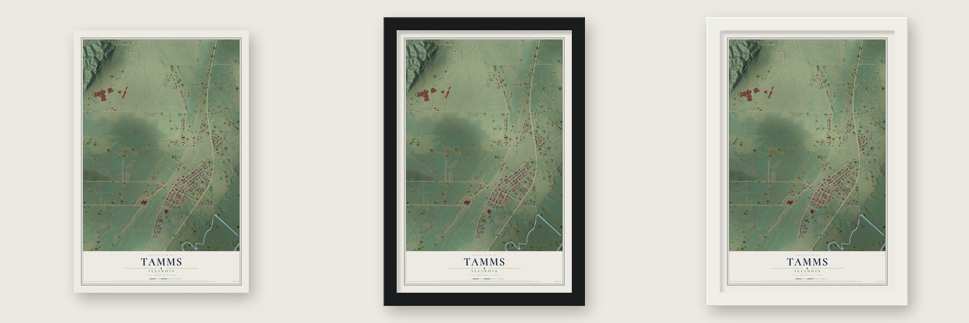 Tamms, Illinois map unframed, in a black wood frame and in a white wood frame