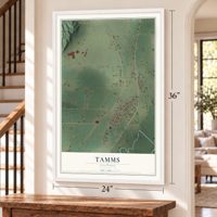 Tamms, Illinois map, 24 x 36 inch print in a white frame by a staircase