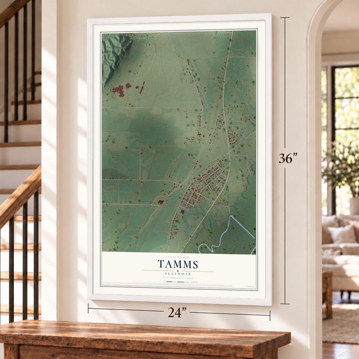Tamms, Illinois map, 24 x 36 inch print in a white frame by a staircase