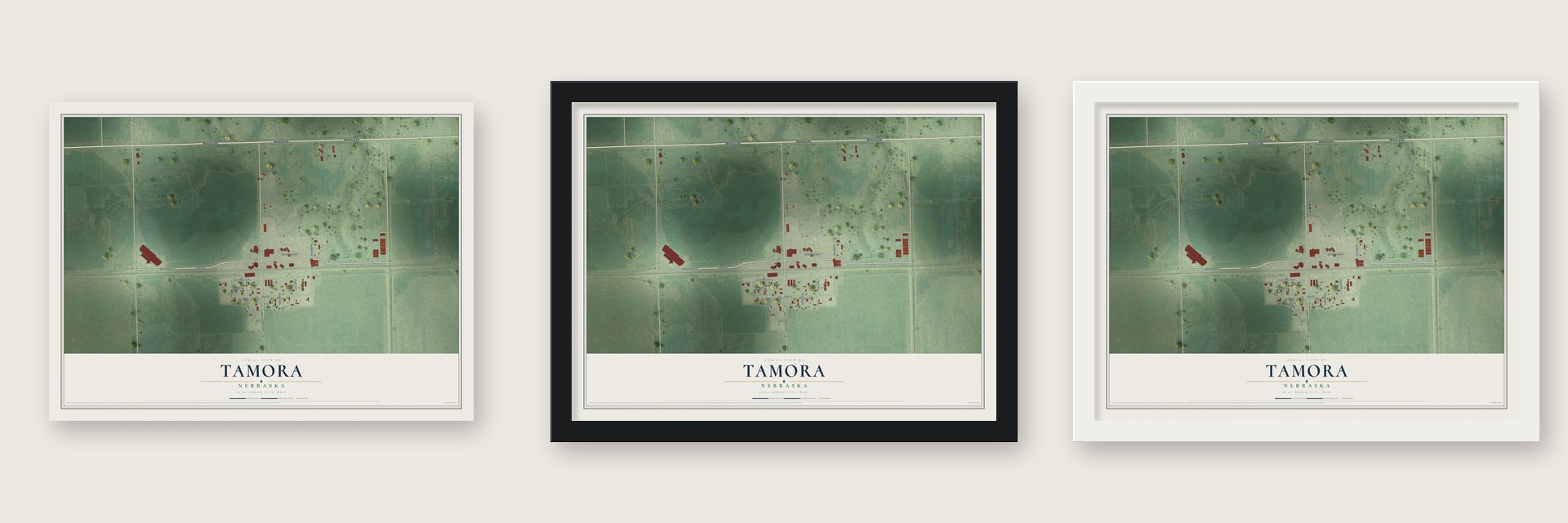 Tamora, Nebraska map unframed, in a black wood frame and in a white wood frame