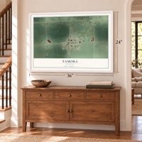 Tamora, Nebraska map, 24 x 36 inch print in a white frame above a dresser by a staircase