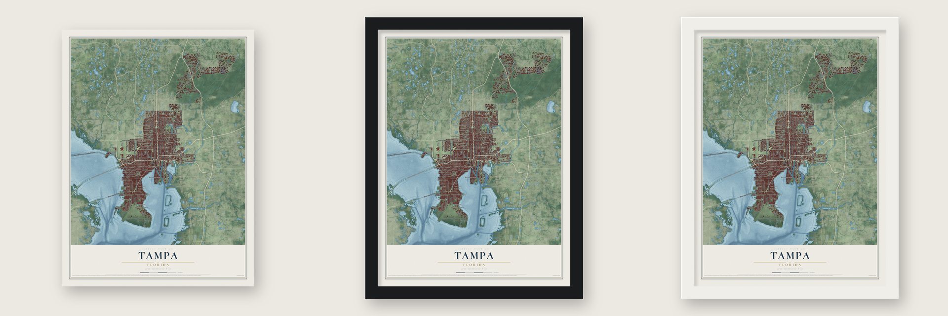 Tampa, Florida map unframed, in a black wood frame and in a white wood frame