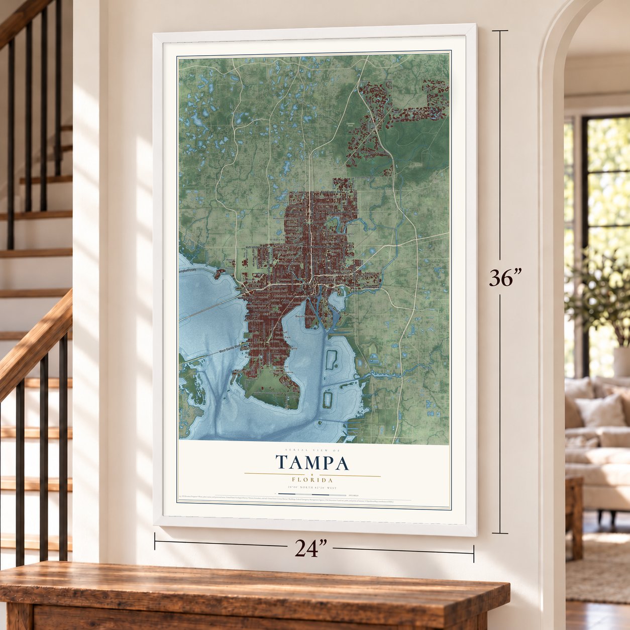 Tampa, Florida map, 24 x 36 inch print in a white frame by a staircase