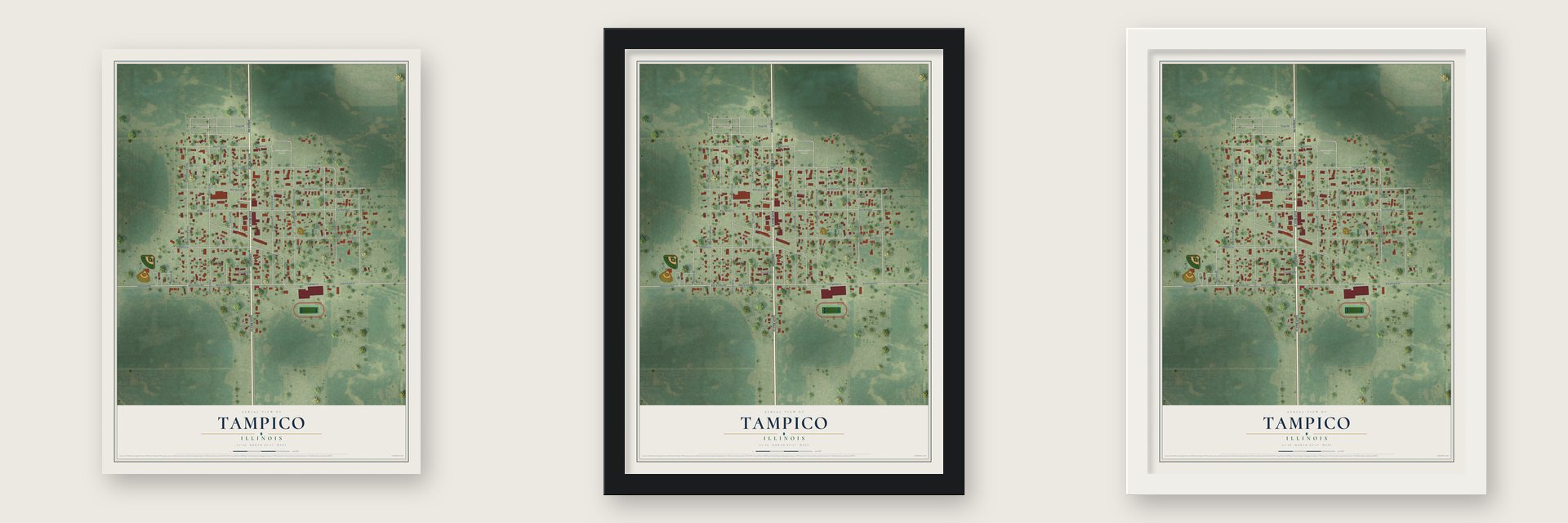 Tampico, Illinois map unframed, in a black wood frame and in a white wood frame