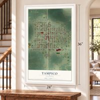 Tampico, Illinois map, 24 x 36 inch print in a white frame by a staircase