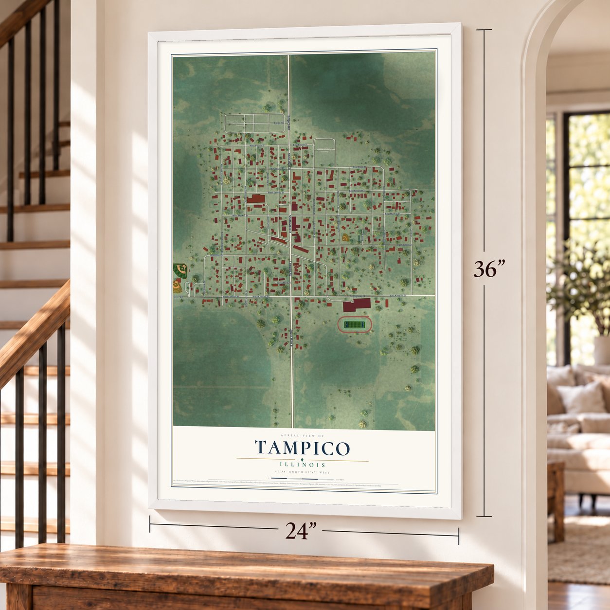 Tampico, Illinois map, 24 x 36 inch print in a white frame by a staircase