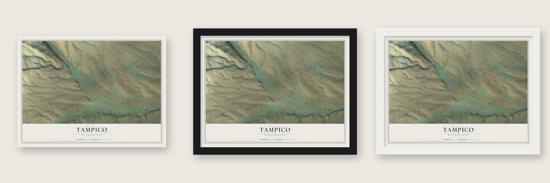 Tampico, Washington map unframed, in a black wood frame and in a white wood frame