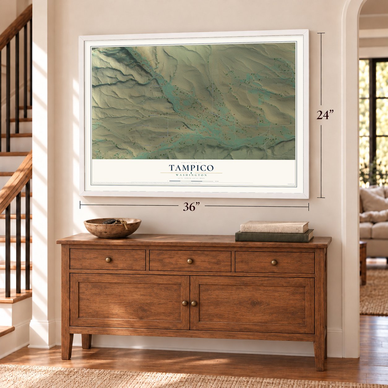 Tampico, Washington map, 24 x 36 inch print in a white frame above a dresser by a staircase