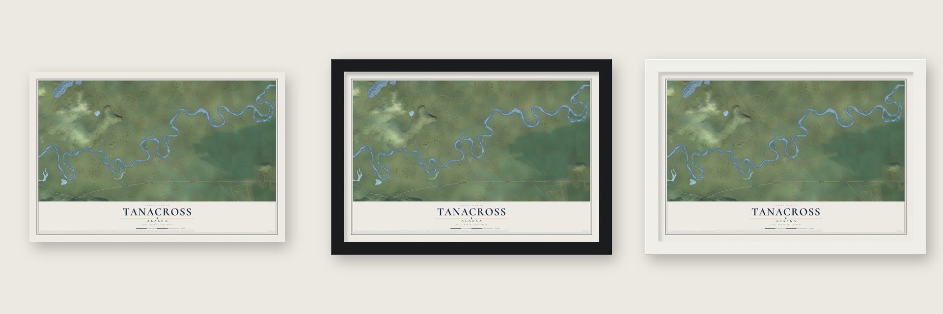Tanacross, Alaska map unframed, in a black wood frame and in a white wood frame
