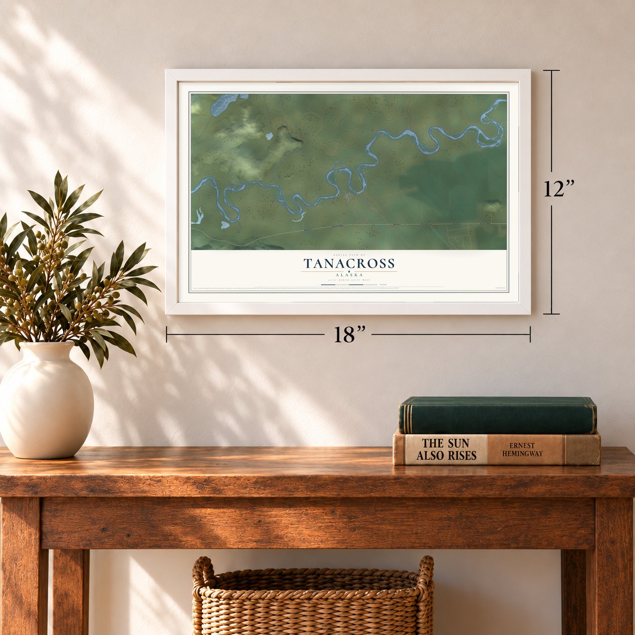 Tanacross, Alaska map, 12 x 18 inch print in a white frame in an entryway