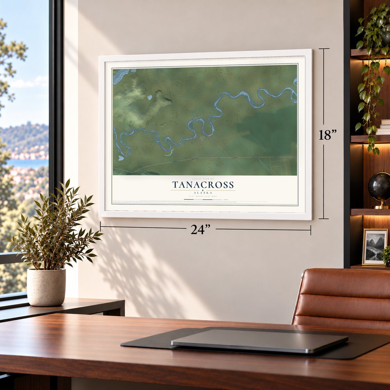 Tanacross, Alaska map, 18 x 24 inch print in a white frame in a home office