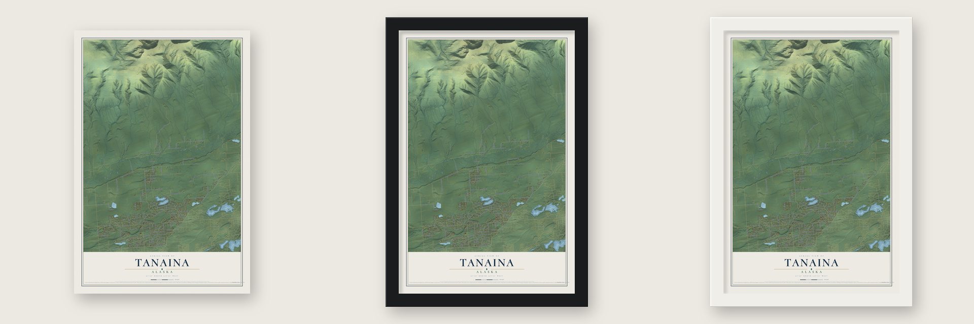 Tanaina, Alaska map unframed, in a black wood frame and in a white wood frame