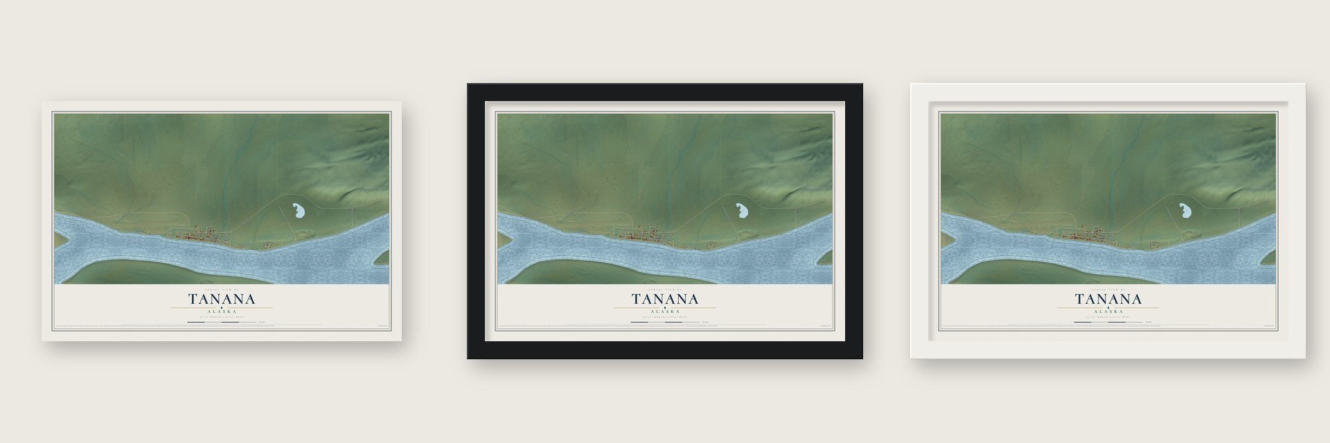 Tanana, Alaska map unframed, in a black wood frame and in a white wood frame