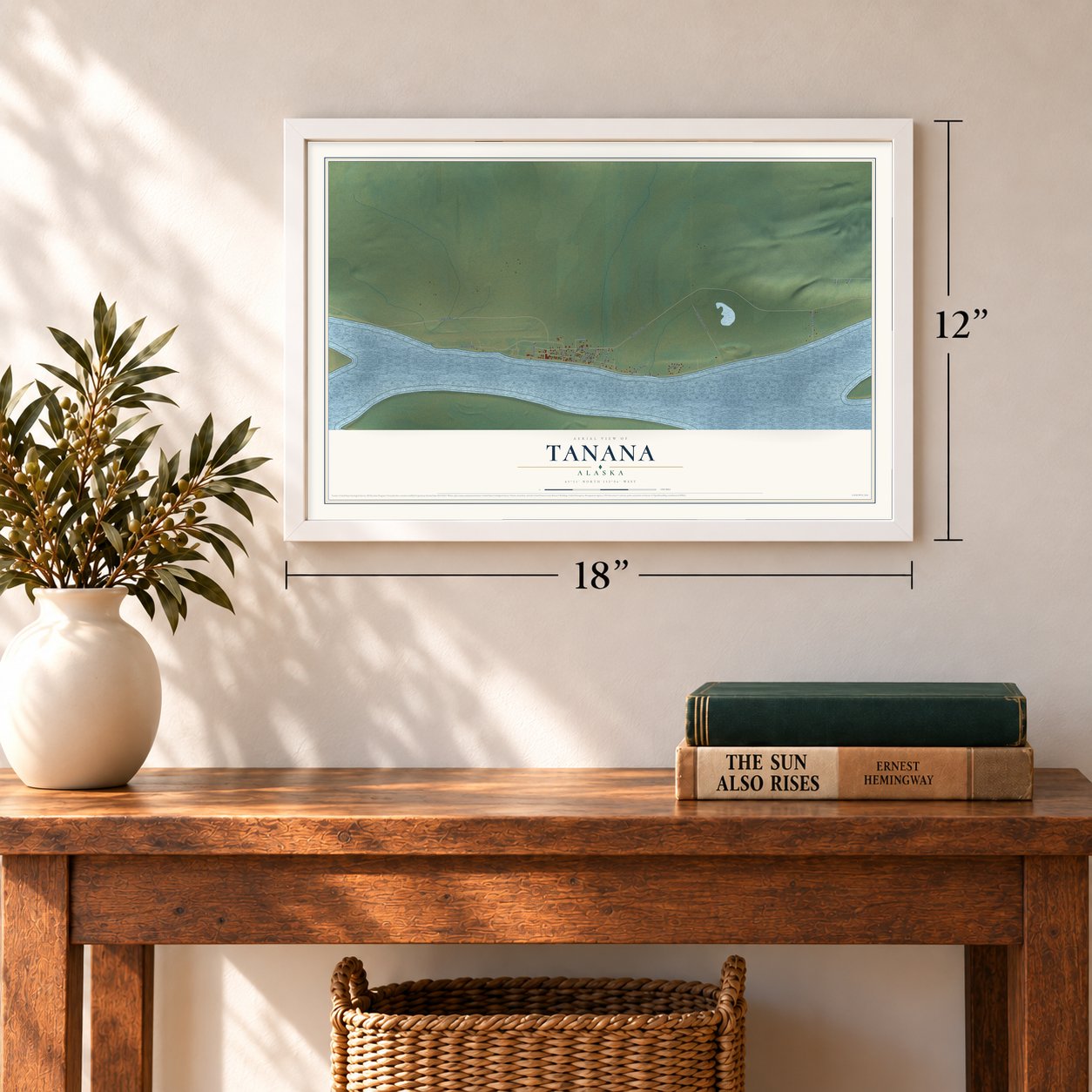 Tanana, Alaska map, 12 x 18 inch print in a white frame in an entryway