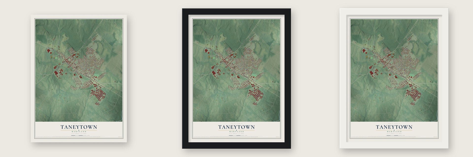 Taneytown, Maryland map unframed, in a black wood frame and in a white wood frame