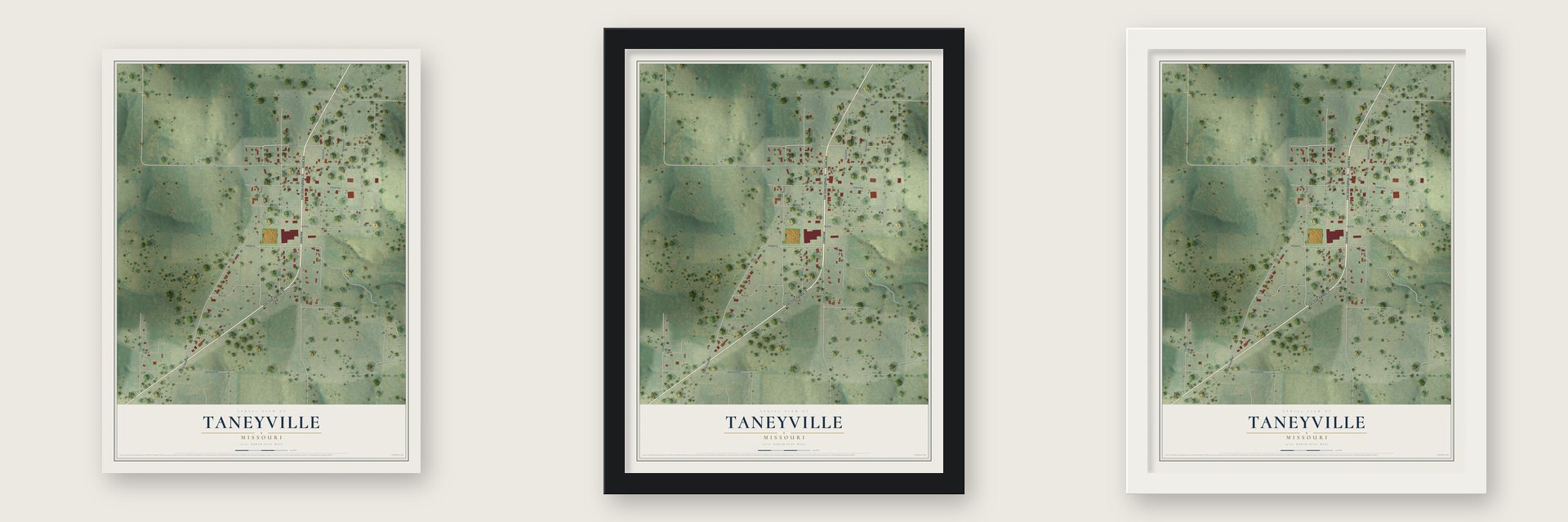Taneyville, Missouri map unframed, in a black wood frame and in a white wood frame