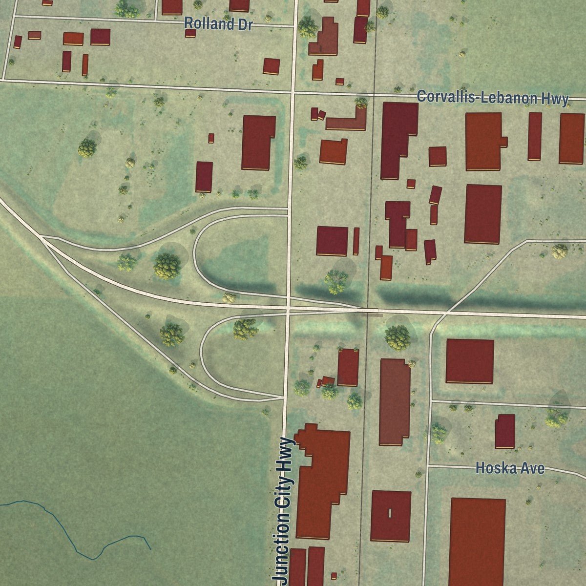 Second close-up of the map of Tangent, Oregon print showing more streets and buildings