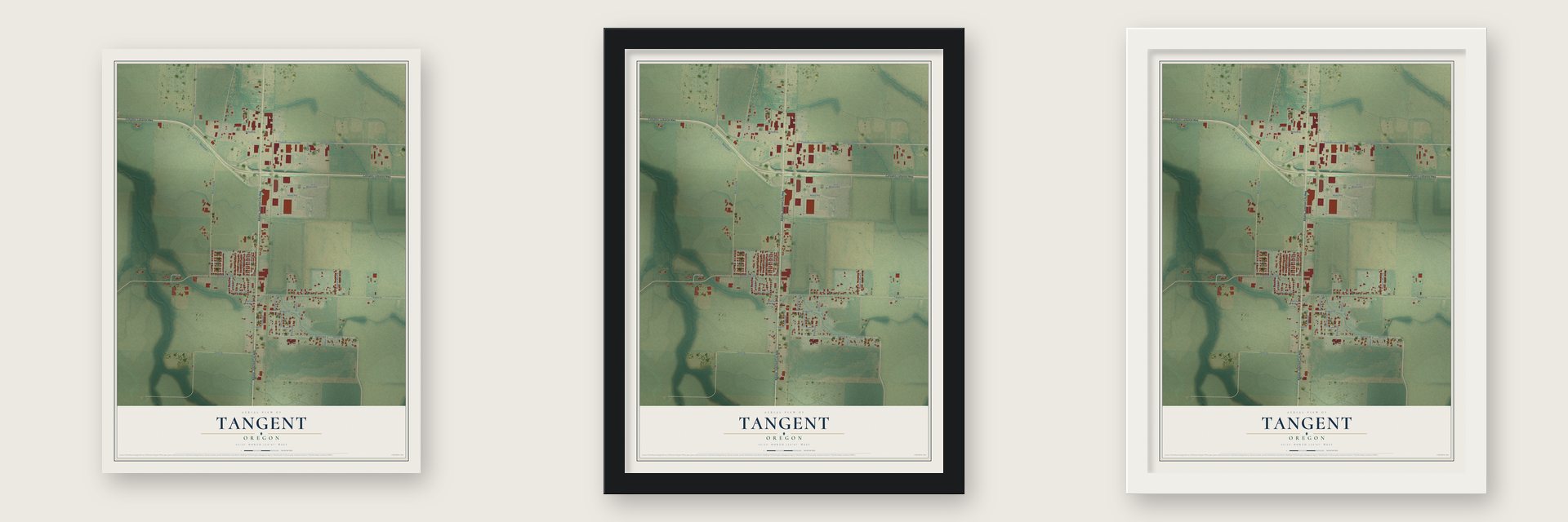 Tangent, Oregon map unframed, in a black wood frame and in a white wood frame
