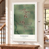 Tangent, Oregon map, 24 x 36 inch print in a white frame by a staircase