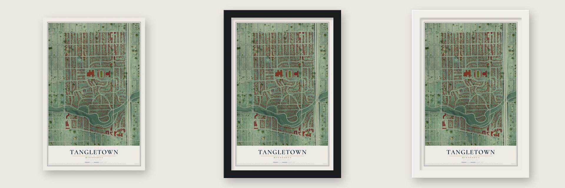 Tangletown, Minnesota map unframed, in a black wood frame and in a white wood frame