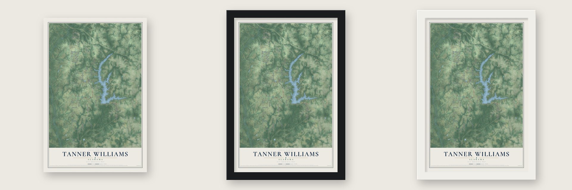 Tanner Williams, Alabama map unframed, in a black wood frame and in a white wood frame