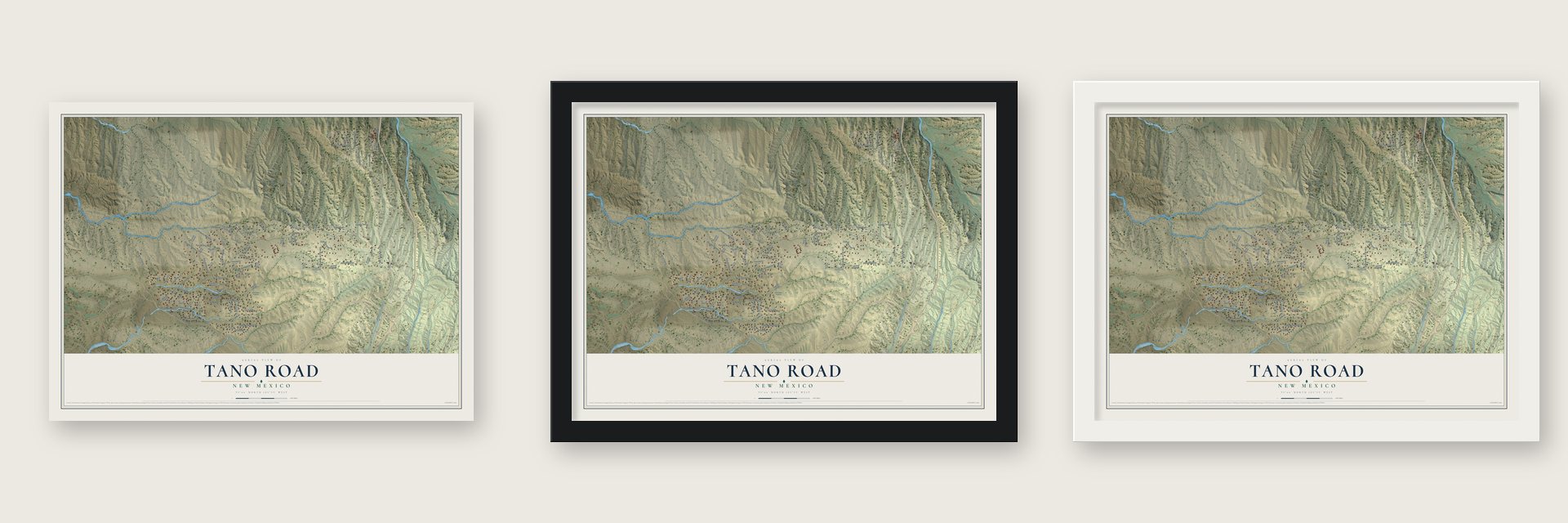Tano Road, New Mexico map unframed, in a black wood frame and in a white wood frame