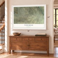 Tano Road, New Mexico map, 24 x 36 inch print in a white frame above a dresser by a staircase