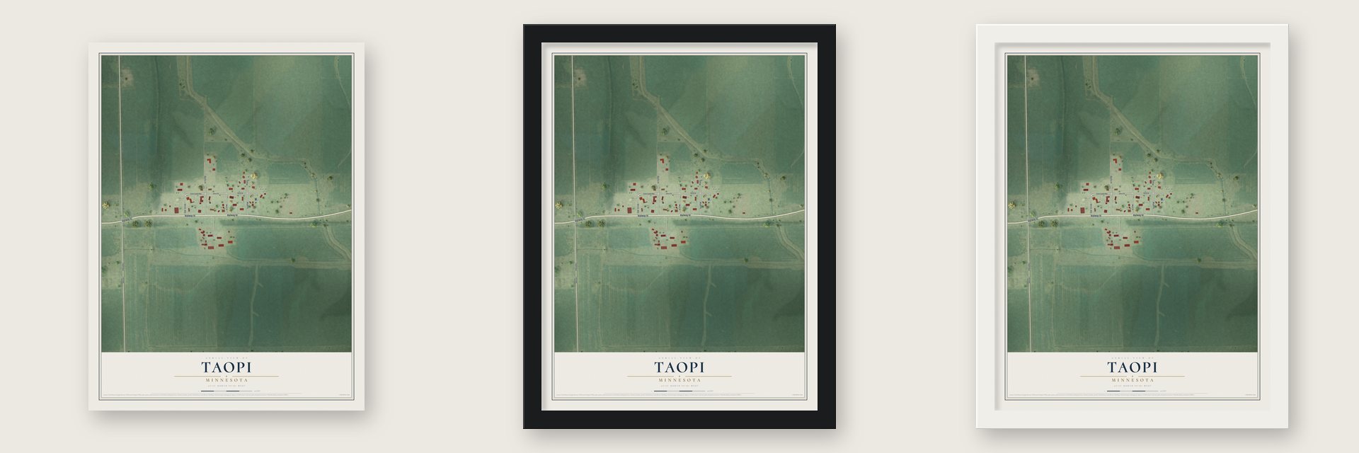 Taopi, Minnesota map unframed, in a black wood frame and in a white wood frame