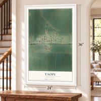 Taopi, Minnesota map, 24 x 36 inch print in a white frame by a staircase