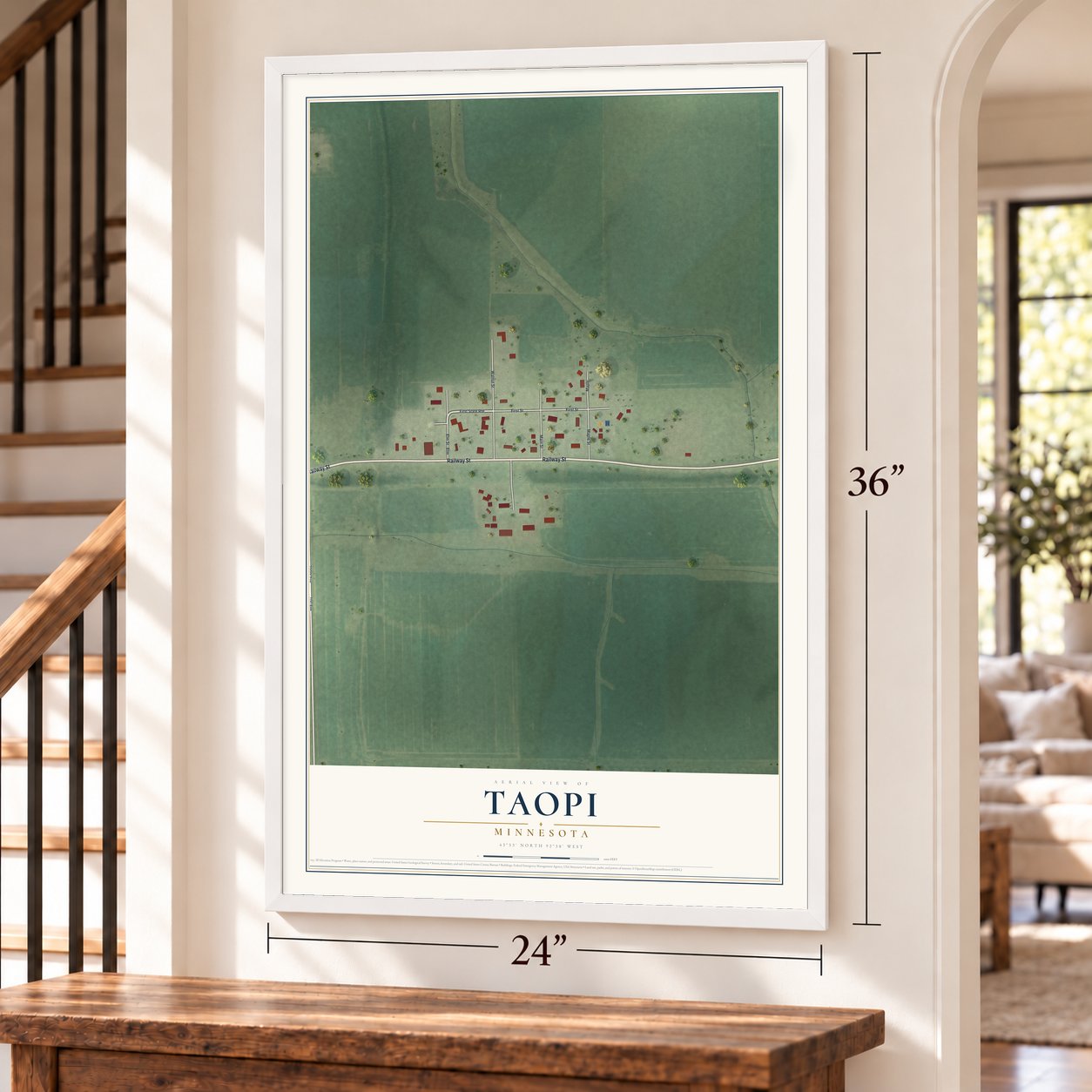 Taopi, Minnesota map, 24 x 36 inch print in a white frame by a staircase