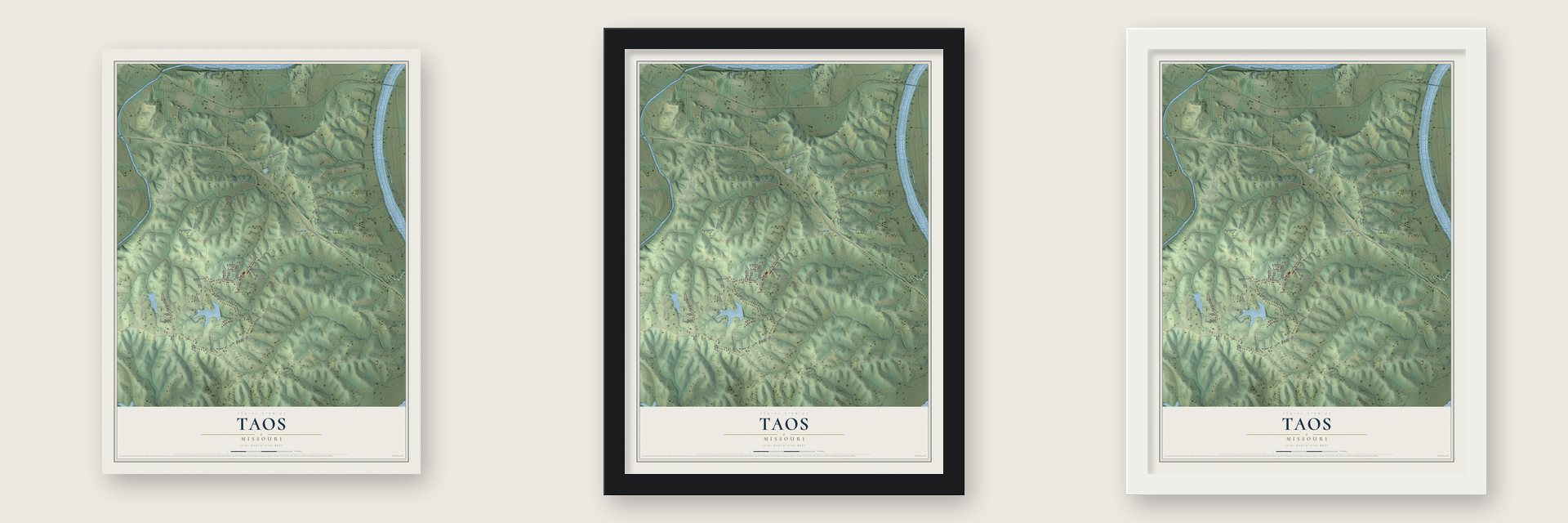 Taos, Missouri map unframed, in a black wood frame and in a white wood frame