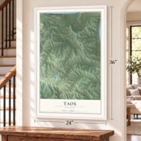 Taos, Missouri map, 24 x 36 inch print in a white frame by a staircase