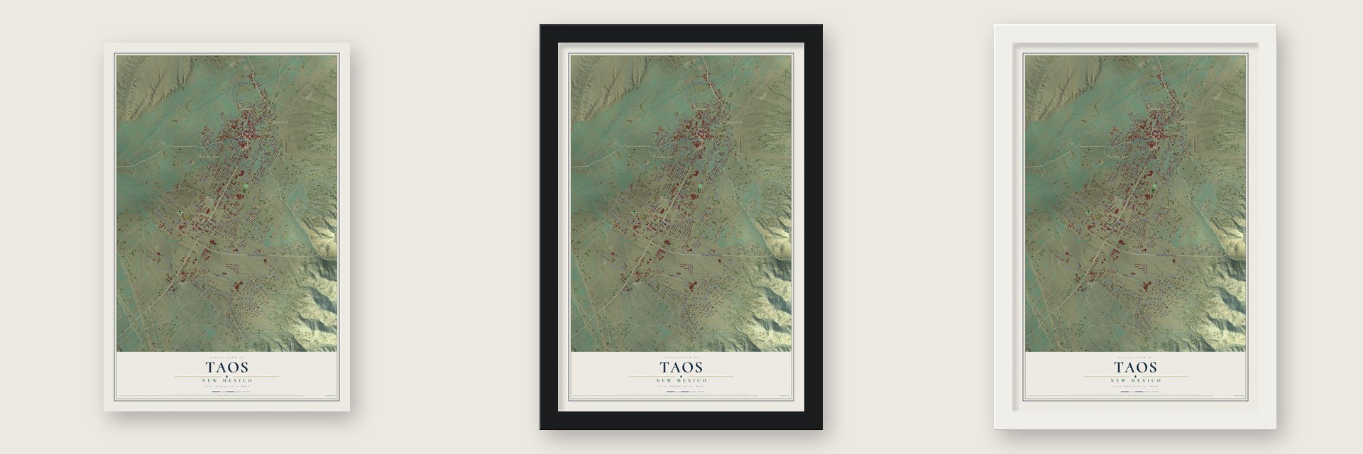 Taos, New Mexico map unframed, in a black wood frame and in a white wood frame