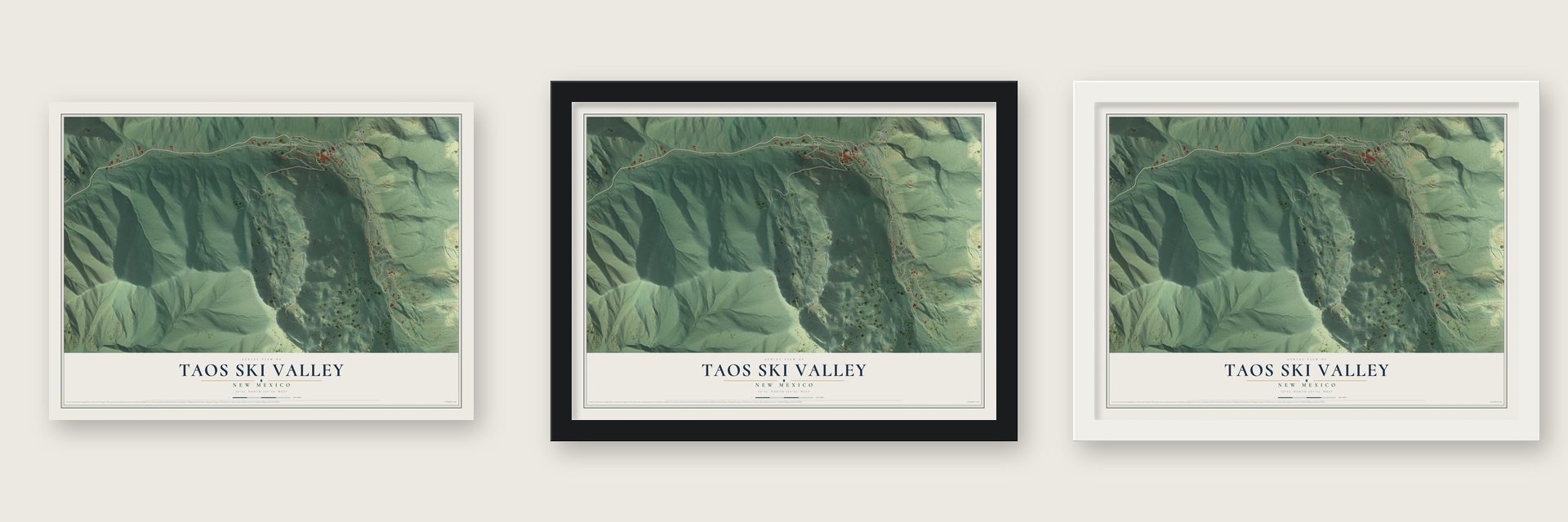 Taos Ski Valley, New Mexico map unframed, in a black wood frame and in a white wood frame
