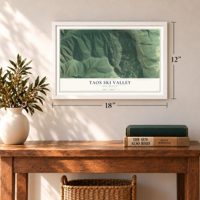 Taos Ski Valley, New Mexico map, 12 x 18 inch print in a white frame in an entryway