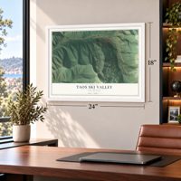 Taos Ski Valley, New Mexico map, 18 x 24 inch print in a white frame in a home office