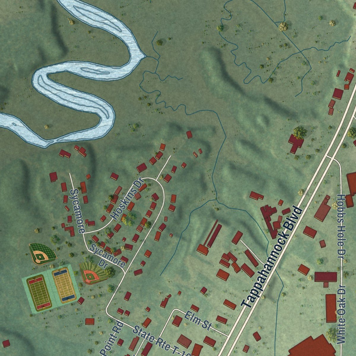 Second close-up of the map of Tappahannock, Virginia print showing more streets and buildings