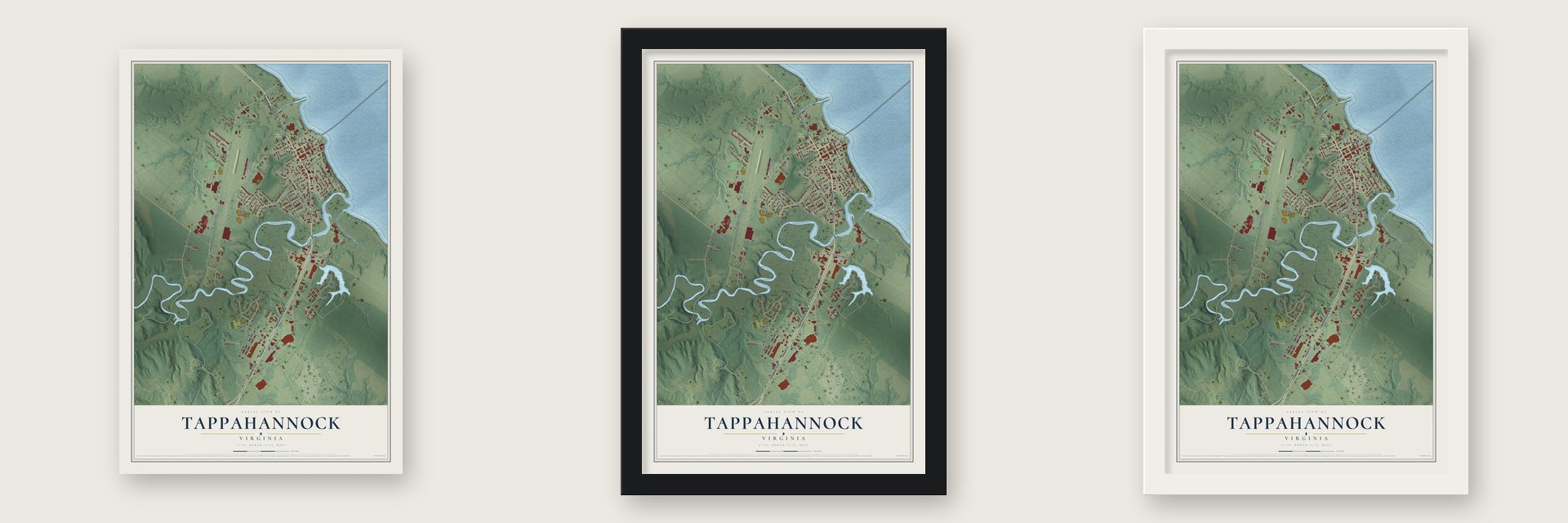 Tappahannock, Virginia map unframed, in a black wood frame and in a white wood frame